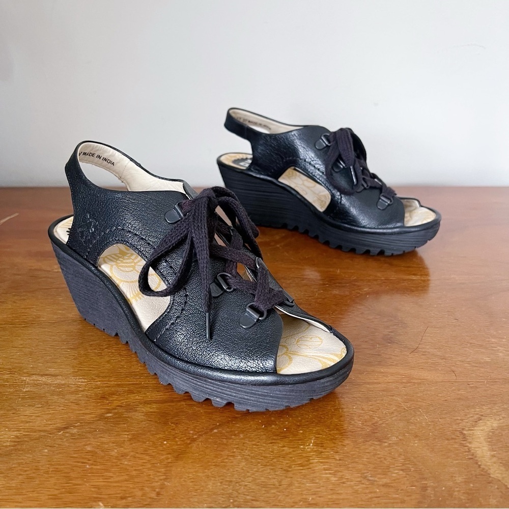 Fly London • Ylva Wedge Sandal black leather lace up gladiator platform open toe